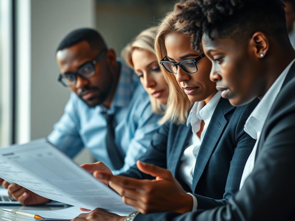 A close-up shot of a diverse group of business professionals engaged in a serious discussion over project financing documents. The image should focus on their expressions of determination and collaboration, set in a modern office background. The lighting should be bright to convey optimism and potential. The colors should align with the rgb(50, 170, 39) primary color, highlighting the importance of African representation in the business world.