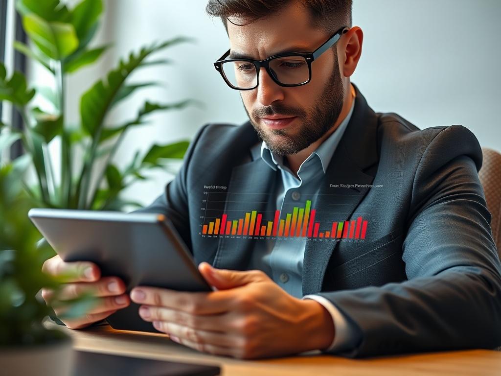 A close-up shot of a confident investor analyzing project performance data on a sleek tablet. The investor is seated at a modern desk with a green plant in the background, creating a calm and focused atmosphere. The tablet screen displays vibrant graphs and metrics, highlighting investment opportunities. The image should capture the details of the investor's thoughtful expression and the tablet's interface, with a color palette that includes the rgb(50, 170, 39) primary color.