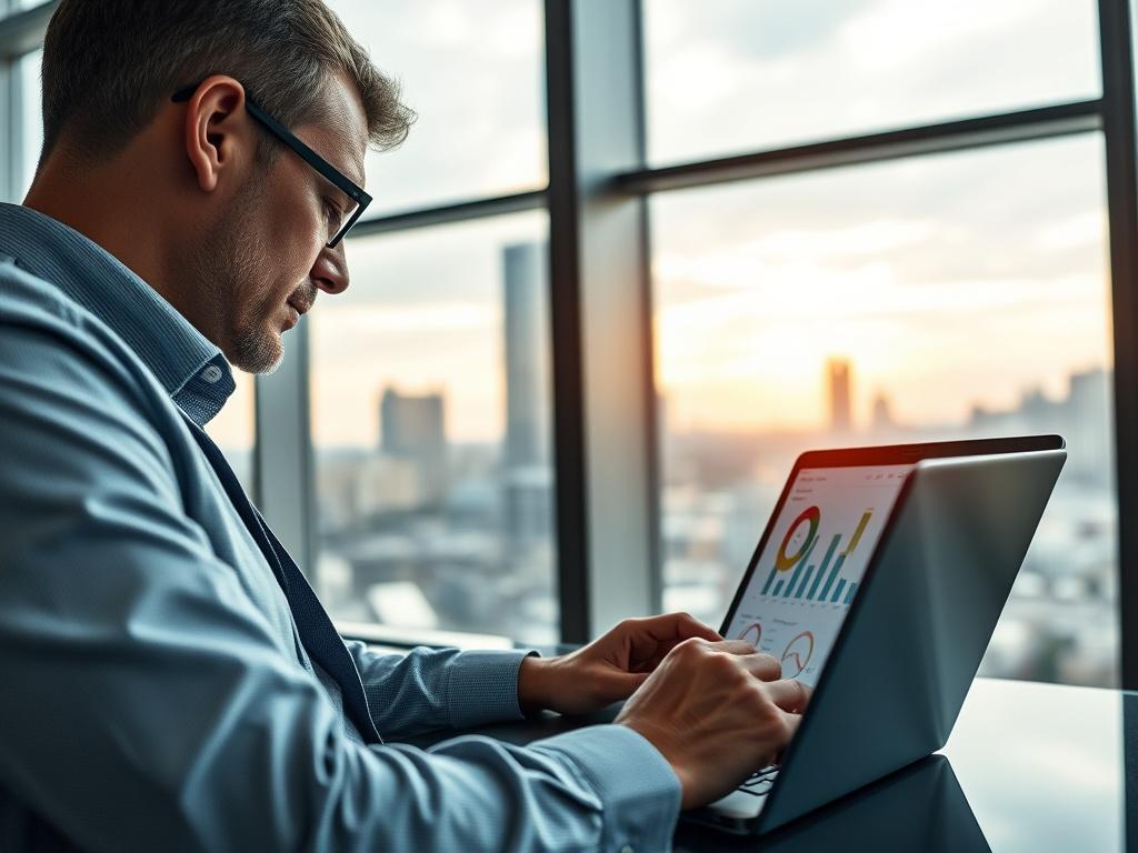 A high-resolution image of a finance professional reviewing a dashboard on a laptop that displays capital deployment metrics. The setting is a modern office with a large window showing a city skyline. The focus is on the laptop screen and the professional's engaged expression as they analyze data. The image should highlight the clarity of the dashboard and the professional's attire, with a color palette that includes the rgb(50, 170, 39) primary color.
