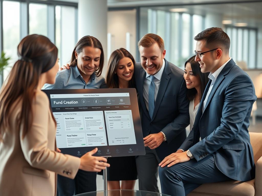 A high-resolution image of a diverse team of financial experts gathered around a digital interface displaying fund creation tools. The scene is well-lit, showcasing their engaged expressions as they discuss strategies. The background is a modern office with sleek furniture, emphasizing a professional atmosphere. The image should be in focus, capturing the details of the interface and the team's collaboration, with a color palette that includes the rgb(50, 170, 39) primary color.