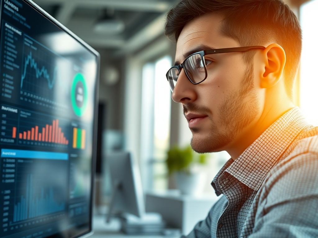 A close-up shot of a financial analyst examining risk analytics and ESG scores on a computer screen in a contemporary office. The background features a sleek design with natural light illuminating the space. The analyst's focused expression should convey deep concentration as they interpret data. The image should highlight the clarity of the screen content, emphasizing the importance of risk and ESG analysis, with a color palette that includes the rgb(50, 170, 39) primary color.