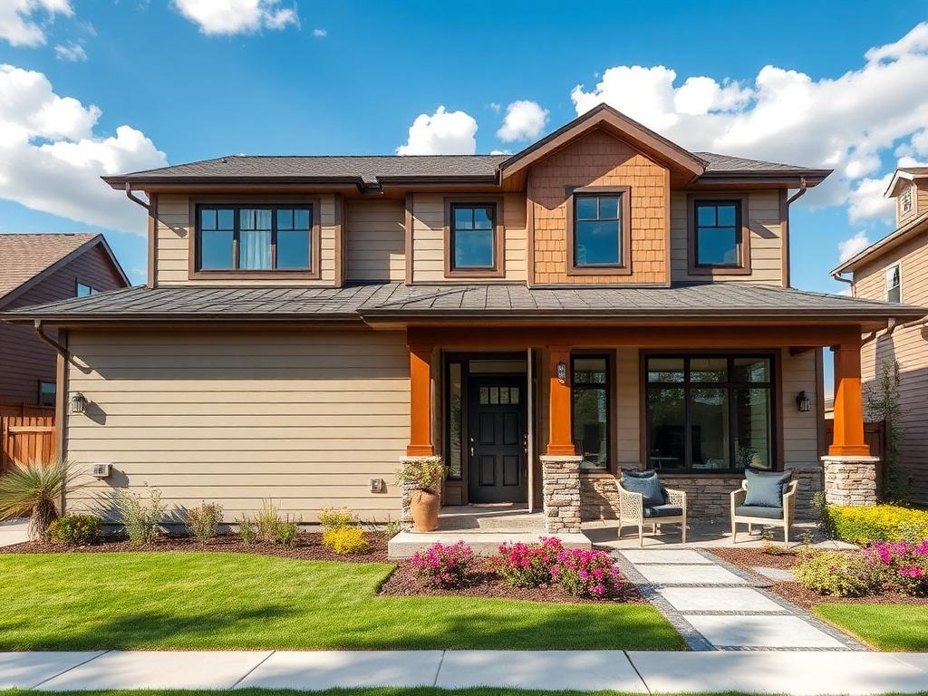 Create a realistic high-resolution photo for a blog titled "2025 Exterior Home Trends Every Homeowner Should Know — According to Matt’s Exteriors." 

**Composition:**
The image should feature a beautifully renovated home exterior showcasing modern design elements, capturing the essence of 2025 trends. The composition should be simple and clear, with the focus on one subject—a striking front façade of a single-family home. 

**Subject Matter:**
The subject of the image is a contemporary home with a combinati