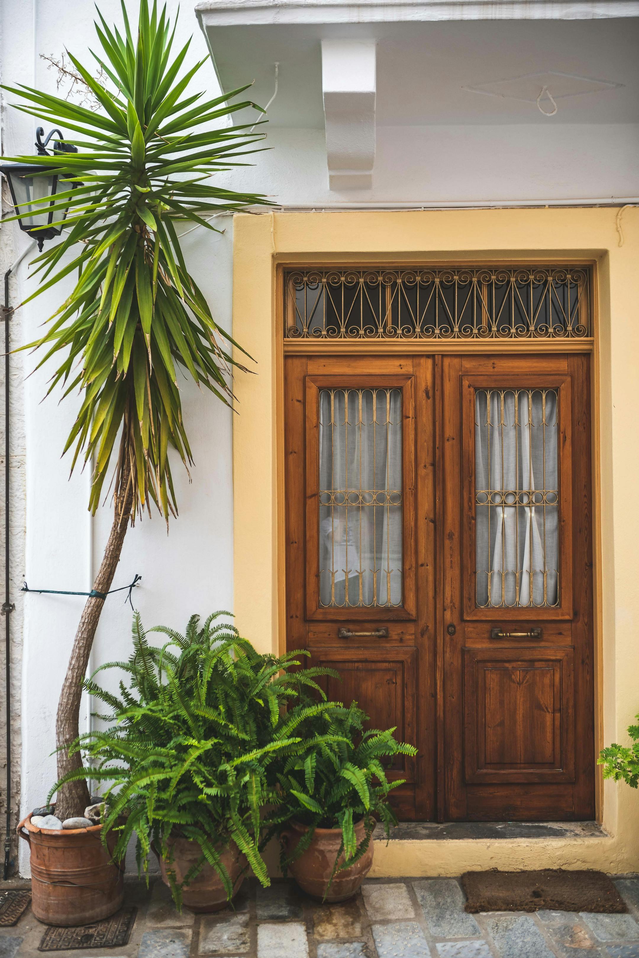 A stylish wooden entrance framed by green plants, showcasing rustic charm.