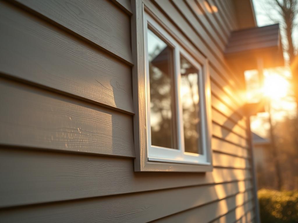 A close-up shot of insulated siding on a cozy home, demonstrating its energy-efficient properties. The image should capture sunlight reflecting off the siding, creating a warm ambiance. A small energy-efficient window can be seen in the background, reinforcing the theme of energy savings.