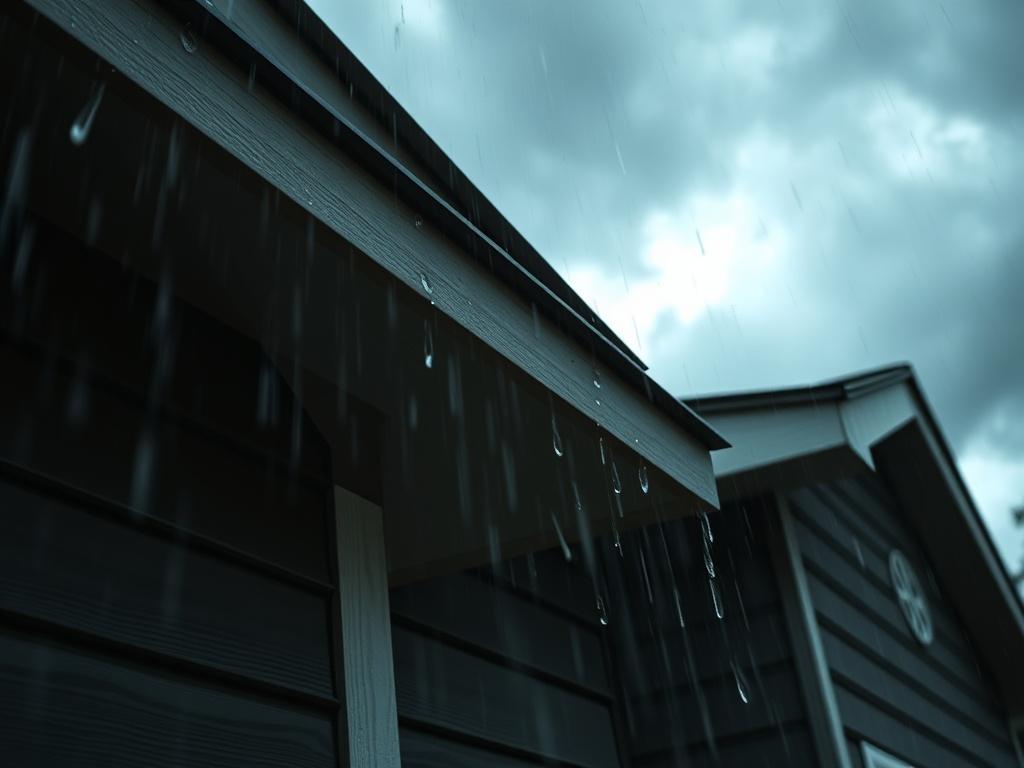 A close-up image of durable siding on a home during a rainstorm, emphasizing its protective qualities. The siding should look resilient against heavy rain, with water droplets visibly sliding off. The background shows dark clouds, highlighting the contrast between the weather and the home's sturdy exterior.