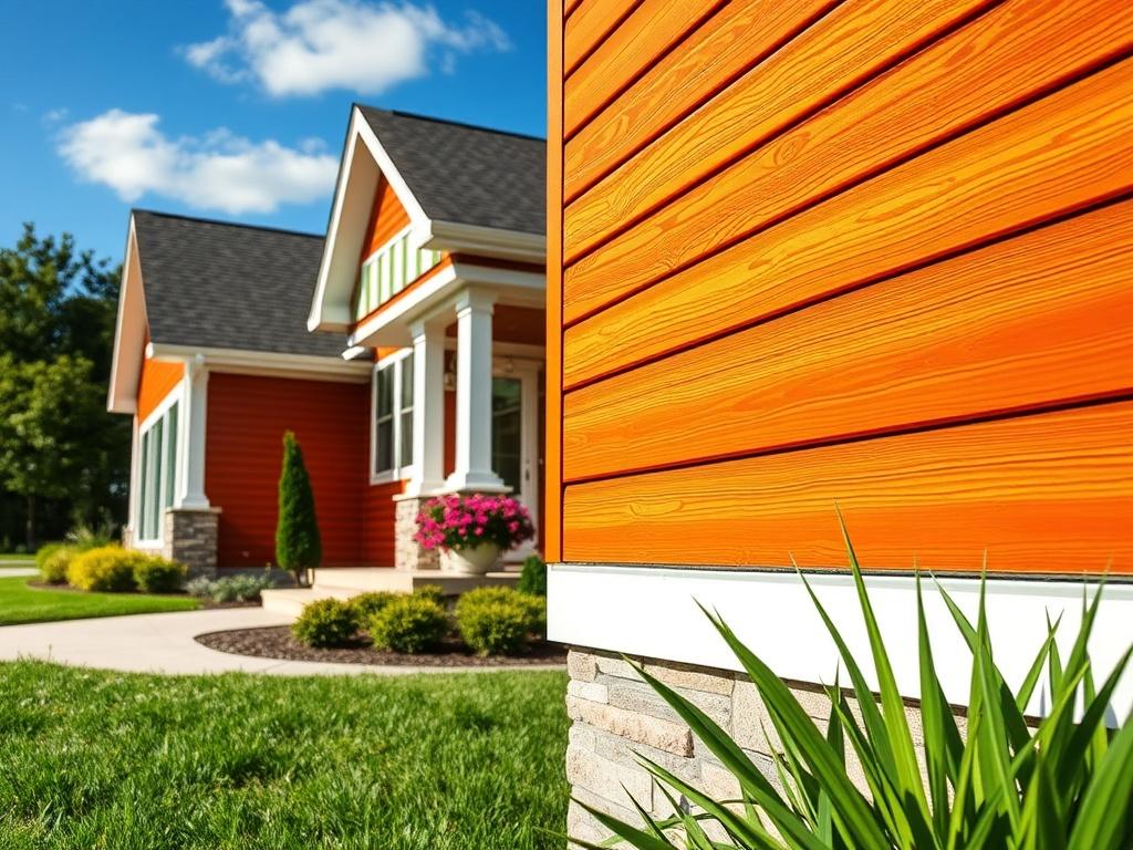 A close-up shot of a beautifully installed siding on a modern home, showcasing vibrant colors and textures. The background features a well-manicured lawn and a clear blue sky, emphasizing the home's fresh look. The focus should be on the siding details to highlight quality craftsmanship.