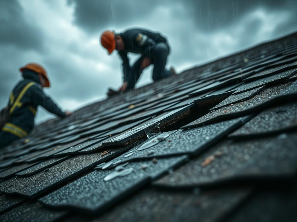 A dramatic close-up shot of a damaged roof during a storm, with water dripping through a hole in the shingles. The image captures the urgency of the situation, showing a repair technician in action, assessing the damage. The background features dark clouds and rain, emphasizing the need for immediate repair work. The focus is on the roof damage and the technician's careful approach.