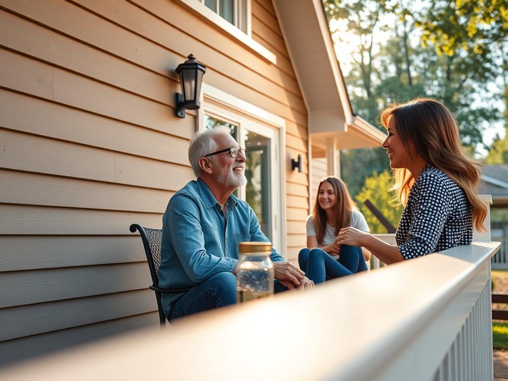 A modern home in Peachtree City showcasing energy-efficient James Hardie siding, with sunlight reflecting off its surface. The image captures a family enjoying their outdoor space, highlighting the comfort and energy efficiency the siding provides, set against a picturesque neighborhood.