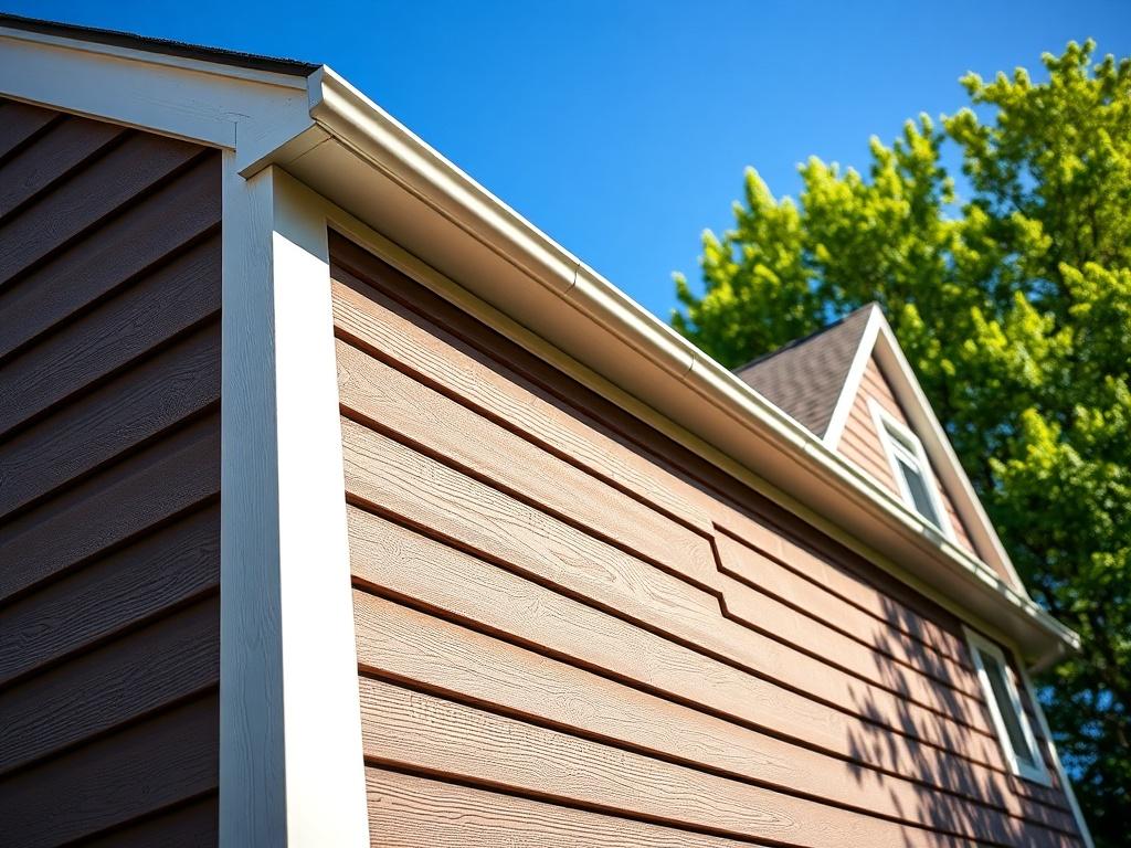 A close-up shot of a well-installed James Hardie siding on a residential home, showcasing its texture and color vibrancy. The background features a clear blue sky and lush green trees, emphasizing the beauty and durability of the siding in a suburban Peachtree City setting.