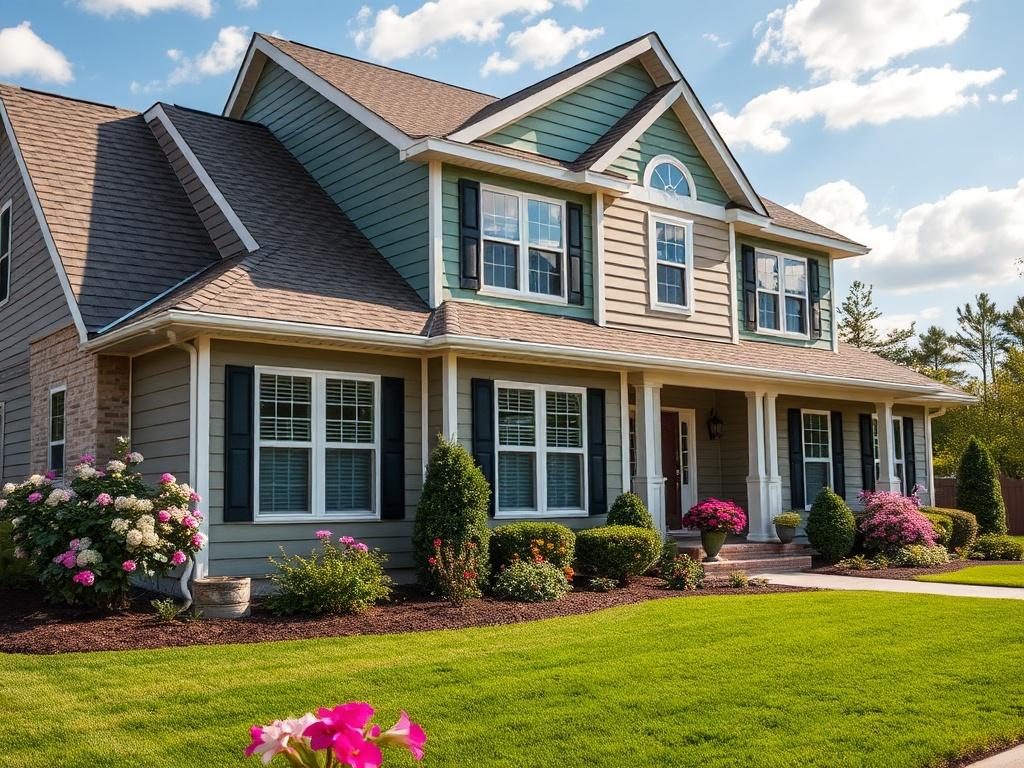 A vibrant image of a home featuring a variety of styles in vinyl siding, capturing the different colors and textures. The house is set against a picturesque Peachtree City backdrop, with blooming flowers and a well-manicured lawn, showcasing the beauty and versatility of vinyl siding.