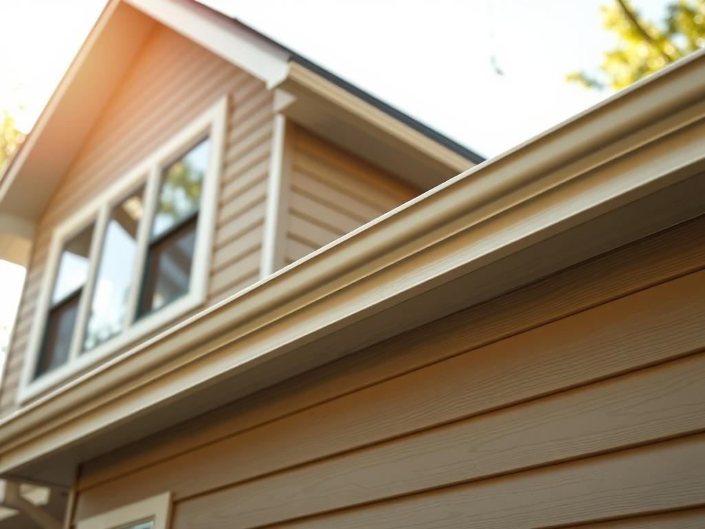 A close-up shot of a beautiful home featuring James Hardie siding, showcasing its texture and color. The background is a sunny suburban setting, emphasizing the siding's durability against the elements. The composition is simple, with a focus on the siding's details, captured with a 45mm f/1.2 lens.