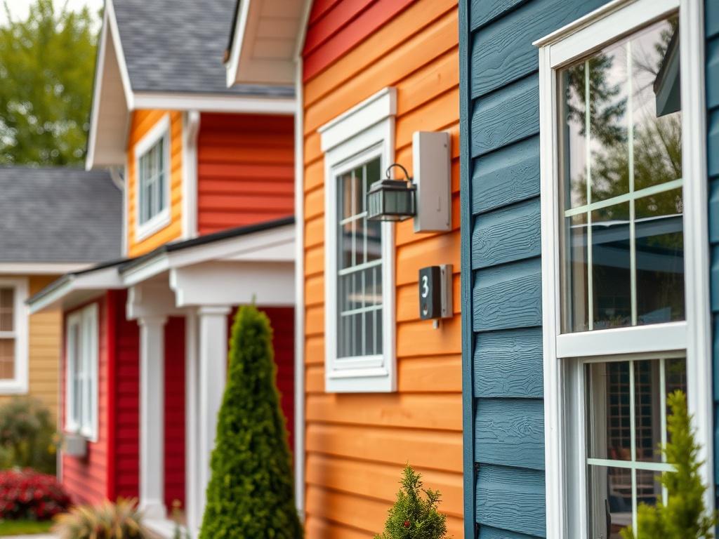 A close-up shot of a home showcasing vibrant vinyl siding in various colors. The scene is set in a charming neighborhood, highlighting the versatility of vinyl siding. The image captures the details of the texture, with a focus on the color richness, taken with a 45mm f/1.2 lens.