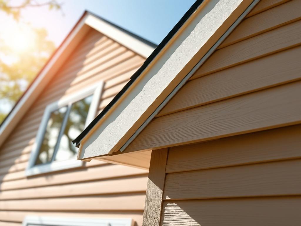 A close-up shot of a home with energy-efficient siding, showcasing the insulation features. The background includes a sunny day setting, symbolizing comfort and energy savings. The image focuses on the siding's texture and color, captured with a 45mm f/1.2 lens.