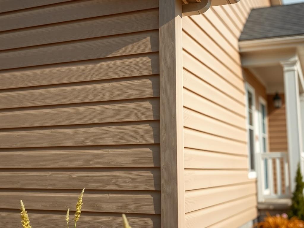 Create a realistic high-resolution photo showcasing a beautifully installed quality siding on a modern home. The composition should be simple and clear, featuring a prominent close-up shot of a side section of the house, highlighting the texture and color of the siding. Focus on one section to emphasize the craftsmanship and design of the siding materials. 

The subject matter should include a well-maintained exterior of a family home, displaying contemporary siding in a warm palette, ideally in a muted ear
