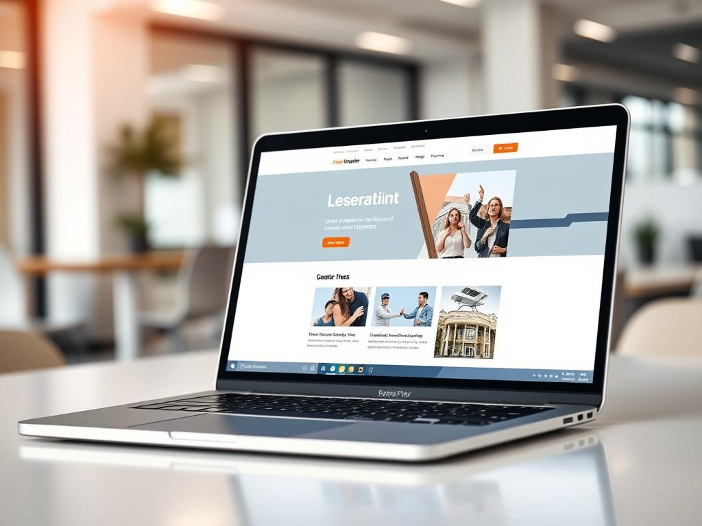 A close-up shot of a modern, user-friendly website design displayed on a laptop. The laptop sits on a clean, minimalistic desk with soft natural lighting. The screen shows a visually appealing website interface with clear navigation and vibrant colors. The background features a blurred office setting that suggests a professional environment.