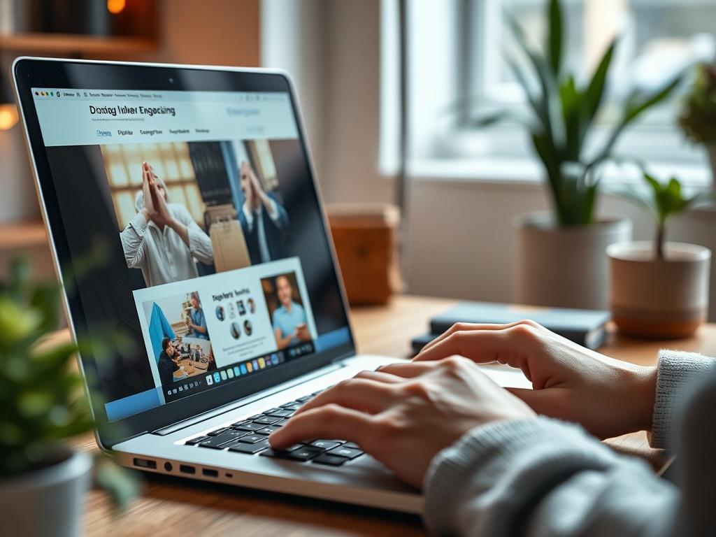 A close-up shot of a person typing on a laptop, with a vibrant, engaging website content displayed on the screen. The background shows a cozy workspace with soft lighting and plants, conveying a sense of creativity and professionalism.