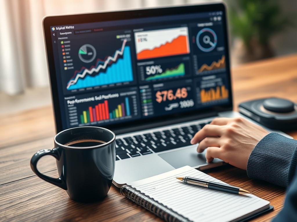 A close-up shot of a digital marketing expert analyzing data on a computer screen. The screen displays SEO analytics and performance metrics, while a notepad with notes and a cup of coffee sits beside the laptop, capturing a focused and productive atmosphere.