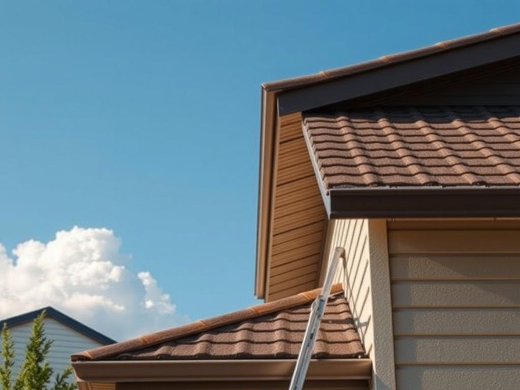 Create a realistic high-resolution photo focused on roof maintenance. The composition should be simple and clear, featuring a solitary, well-maintained residential roof as the primary subject. This roof should showcase clean lines, sturdy shingles, and vibrant coloring that reflects excellent upkeep. The angle should be a slightly elevated side view, allowing for a glimpse of the eaves and surrounding area.

For the background, depict a clear blue sky with a few fluffy white clouds, conveying a bright, sunn