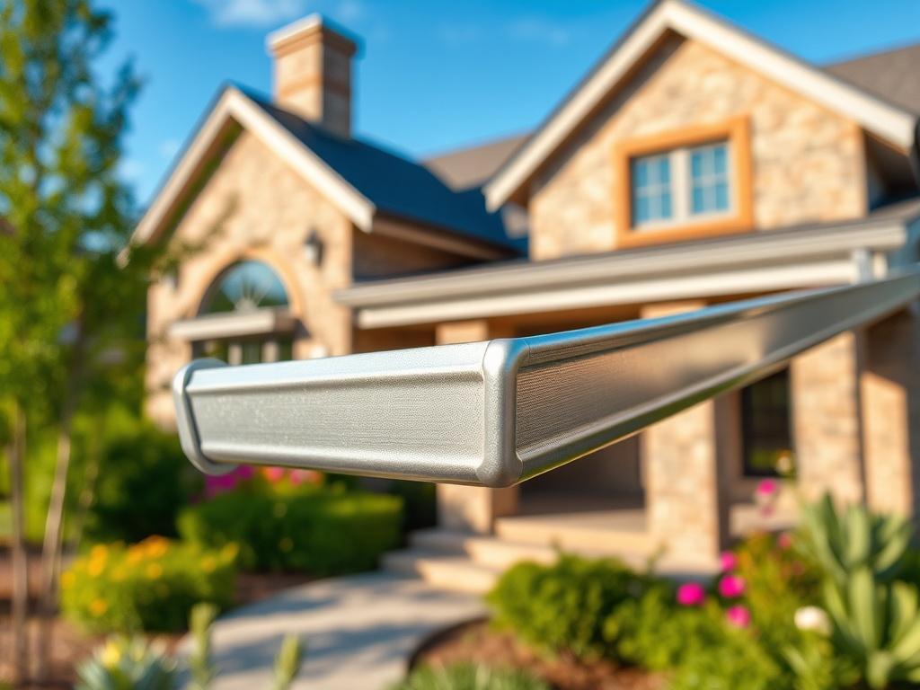 **AI Image Generation Prompt:**

Create a highly realistic high-resolution photo that captures the essence of gutters, specifically focusing on a seamless gutter system. The composition should highlight only one subject: a close-up of a well-installed seamless gutter, showcasing its sleek lines and premium aluminum finish. The gutter should glimmer slightly in the natural light, emphasizing its durable and high-quality material.

In the background, depict a beautiful, modern home exterior with vibrant lands