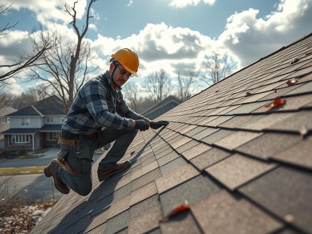 **AI Image Generation Prompt:**

Create a hyper-realistic, high-resolution photo showcasing a single roofer from Matt’s Exteriors diligently repairing a storm-damaged roof. The subject should be a skilled male or female roofer, wearing a bright safety helmet and working confidently on a sloped roof. The roofer is focused on replacing shingles, demonstrating the dedication and expertise of Matt’s Exteriors in providing rapid and reliable roof repairs after severe weather.

In the background, depict a suburba