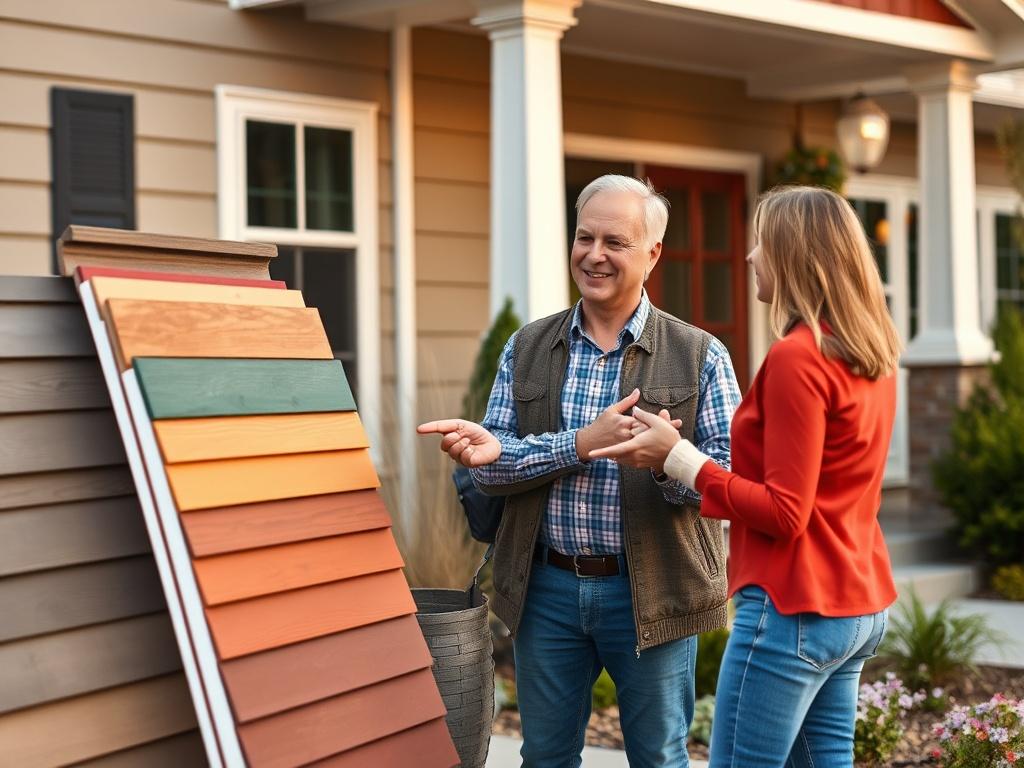 **AI Image Generation Prompt:**

Create a realistic high-resolution photo capturing the essence of a siding consultation for homeowners, specifically focusing on Matt’s Exteriors, a trusted home exterior remodeling company. The main subject of the image should be a knowledgeable, friendly Matt's Exteriors consultant, showcasing warmth and expertise, as they stand beside an array of sample siding materials. 

**Composition Details:**
- The consultant should be the only subject, dressed in smart-casual attire