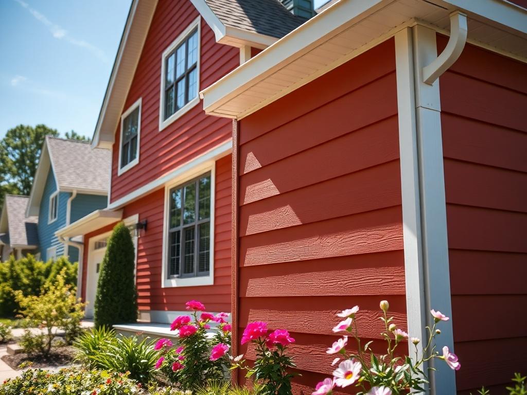 A high-resolution image of a modern home showcasing vinyl siding in a vibrant color. The shot should capture details of the siding texture and design, with a sunny Marietta day in the background. Include landscaping elements like flowers or shrubs to enhance the visual appeal, focusing on the home's exterior.
