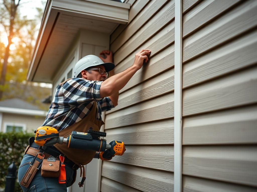 An action shot of a skilled contractor installing siding on a residential home in Marietta. The image should emphasize the contractor's attention to detail and craftsmanship. Capture the home’s exterior, showcasing the siding being installed, with tools and materials visible in the foreground, highlighting the professional approach to the work.