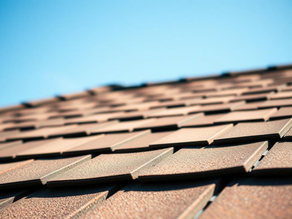 Create a realistic high-resolution photo that captures the beauty of a well-laid shingle roof. The composition should be simple and clear, featuring the roof as the sole subject. Focus on the intricacies of the shingles, highlighting the texture, color variations, and precise alignment that showcase quality craftsmanship. The background should be softly blurred to ensure the roof remains the focal point, but include hints of a bright blue sky to convey a sunny day, adding contrast and warmth to the image. T
