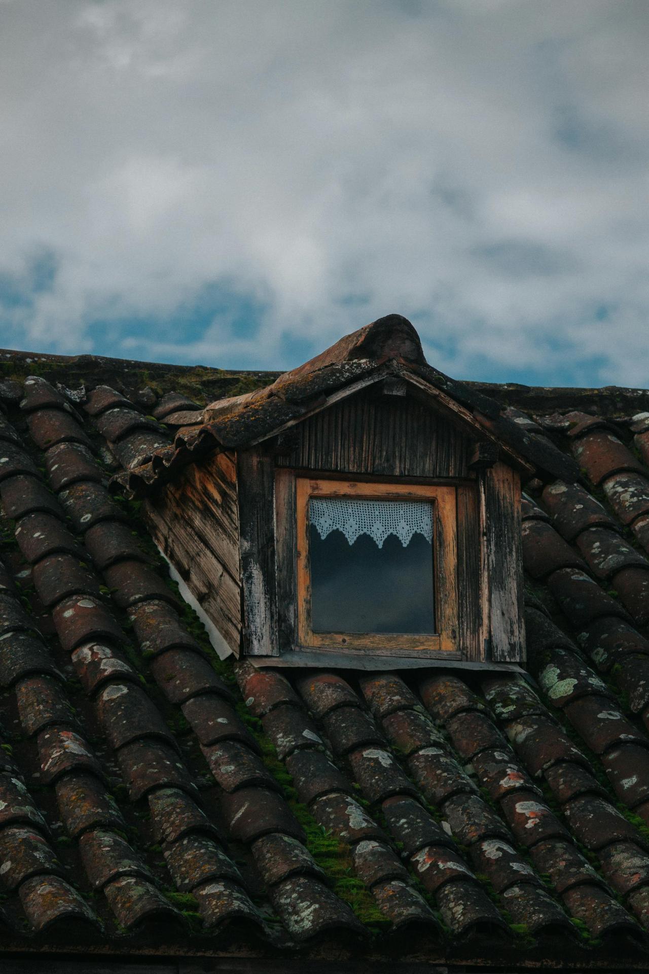 A close-up of a rustic wooden dormer window on a weathered tiled roof, showcasing aged architectural charm.