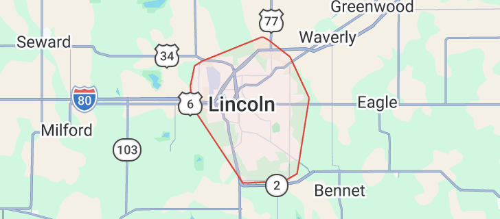 Service area map of Lincoln Nebraska and surrounding regions