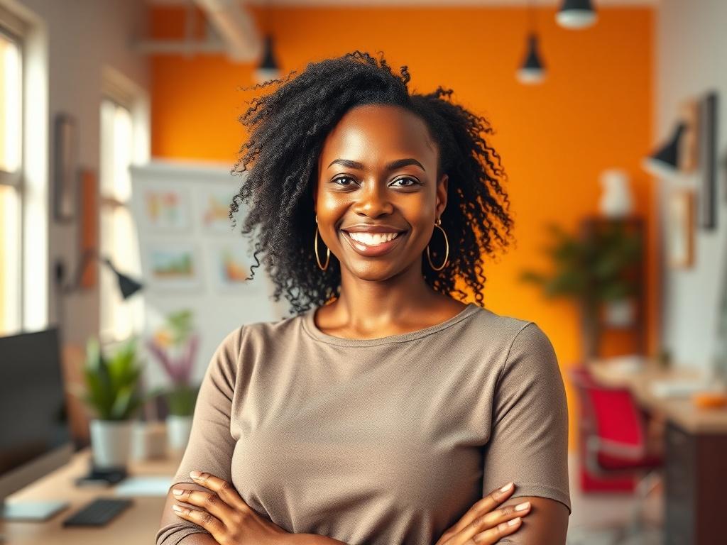 A confident African American woman standing in a modern workspace, smiling and looking directly at the camera. The background features clean lines and vibrant colors, with elements that suggest a creative and empowering environment. The lighting is bright and inviting, creating a warm atmosphere that encourages growth and inspiration.