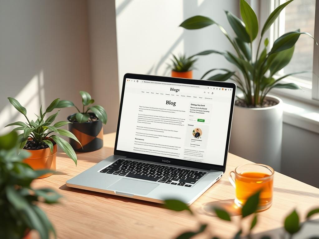 A serene workspace with a laptop open to a blog page, surrounded by plants and a cup of tea. The atmosphere conveys tranquility and focus, inviting the viewer to engage with the written content. Soft, natural light filters through a nearby window, enhancing the inviting feel.