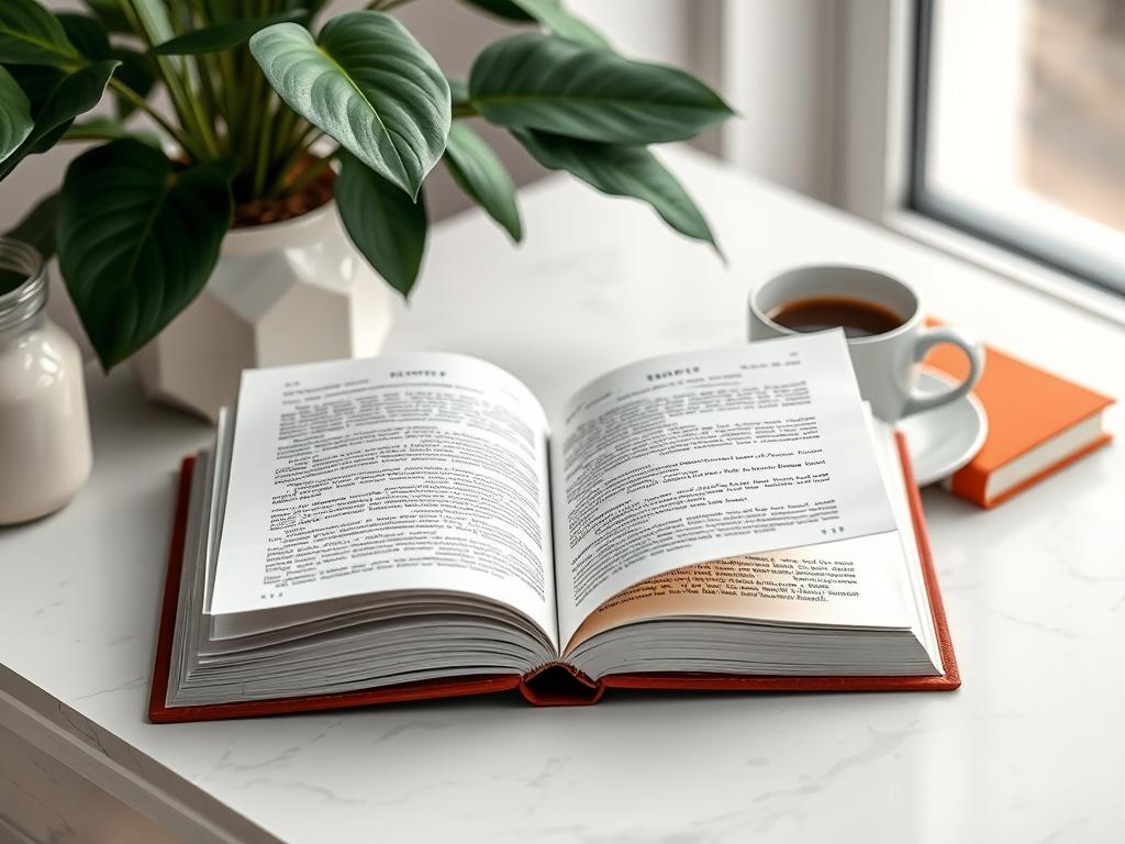 A high-resolution image of an open book on a stylish desk next to a cup of coffee, with a beautiful plant in the background. The setting should evoke a cozy, inspiring atmosphere, inviting readers to indulge in personal development.