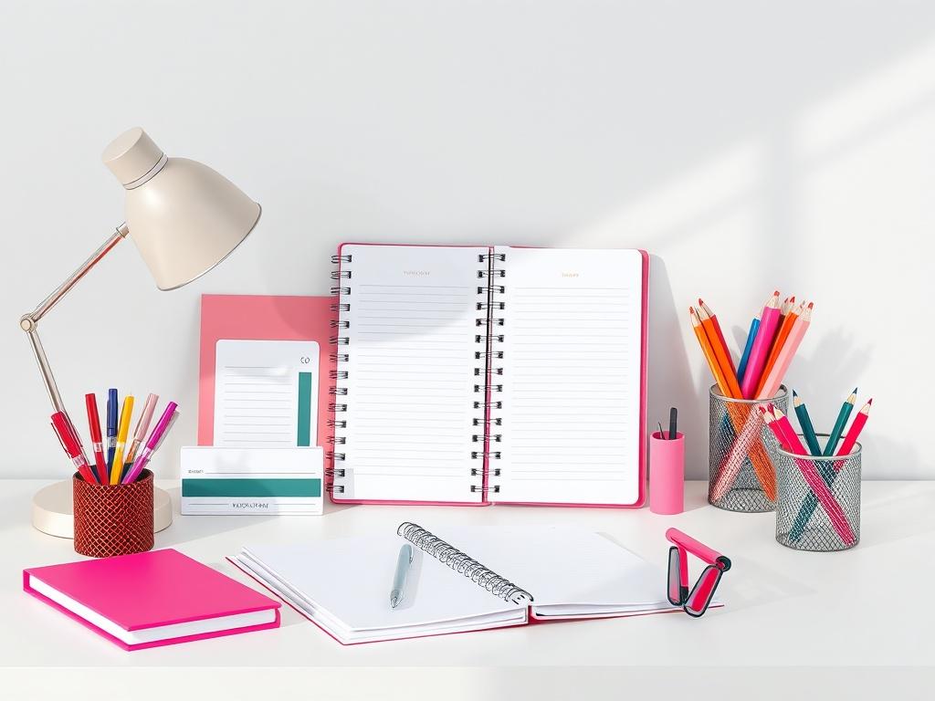 A high-resolution image of a stylish workspace featuring feminine business tools such as a planner, stylish pens, and colorful desk accessories. The background should be minimalistic and bright, showcasing a clean, organized desk that inspires productivity.