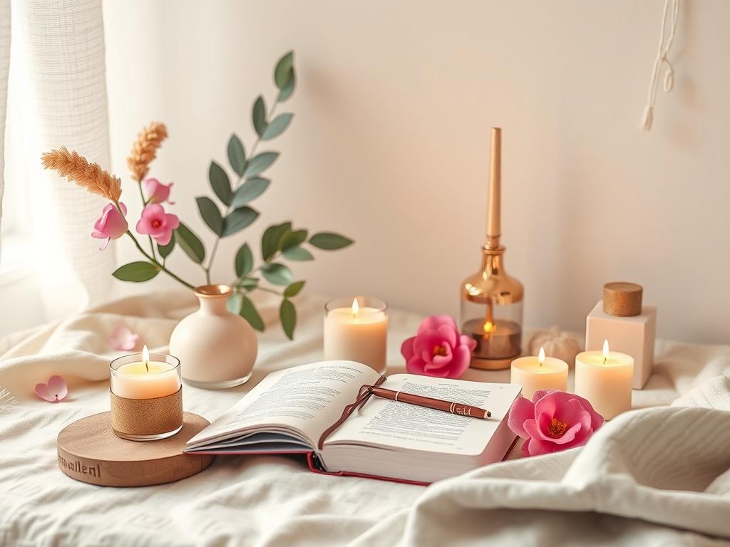 A high-resolution image showcasing a beautifully arranged self-care setup, including a wellness journal, scented candles, and decorative elements. The background should be soft and inviting, creating a serene atmosphere that emphasizes relaxation and empowerment.
