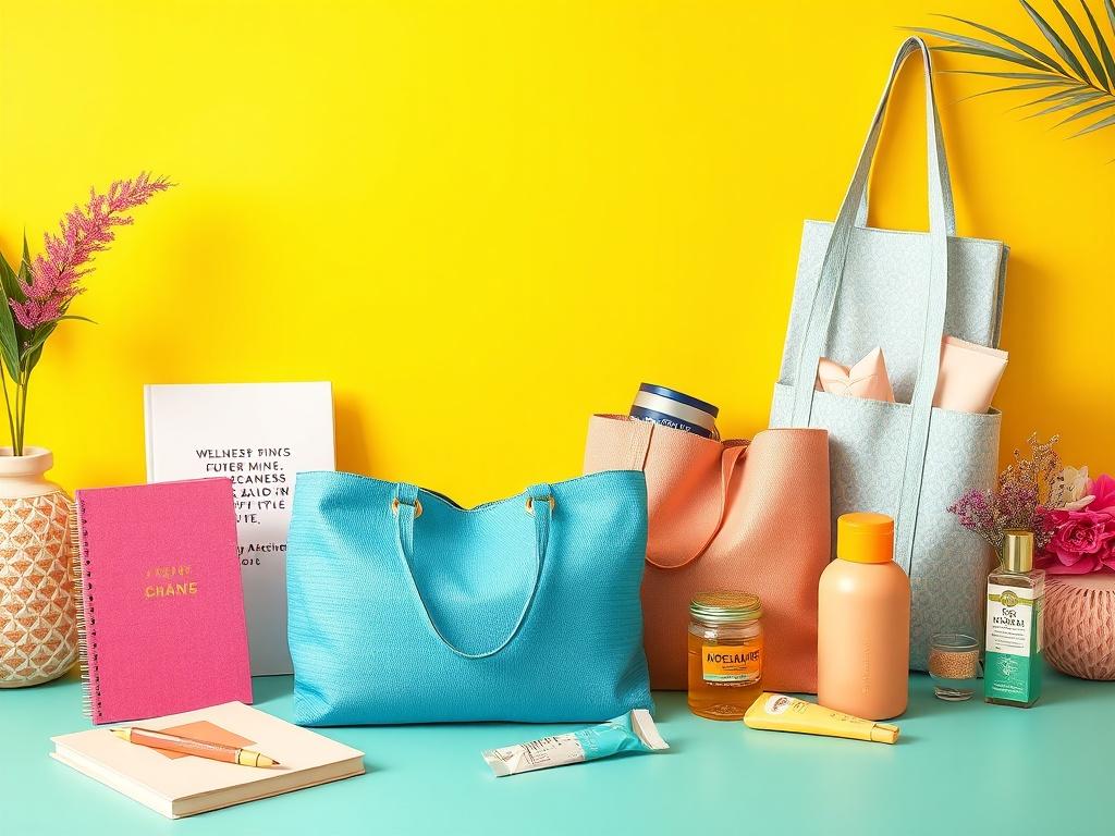 A vibrant lifestyle scene featuring various empowering lifestyle picks such as wellness journals, stylish tote bags, and self-care items. The background is cheerful and bright, showcasing the items in use, promoting a sense of empowerment and joy.