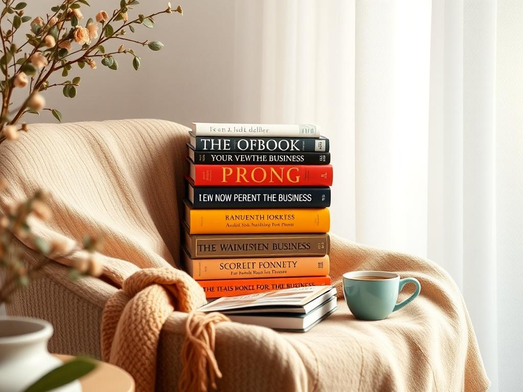 A cozy reading nook featuring a stack of empowering books for women in business. The scene includes a comfortable chair, a warm blanket, and a cup of tea, all set against a softly lit background that invites relaxation and reflection.