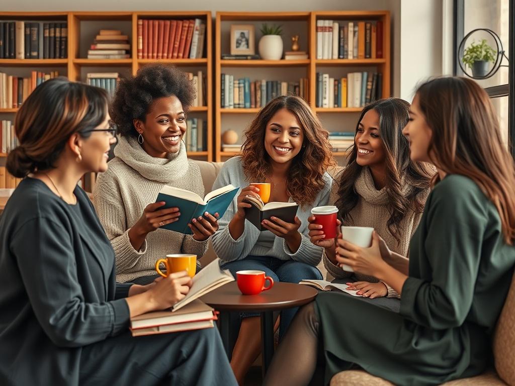 A group of diverse women in a friendly discussion, surrounded by books and coffee cups, symbolizing connection, collaboration, and empowerment. The setting is warm and inviting, highlighting the importance of community in personal growth.