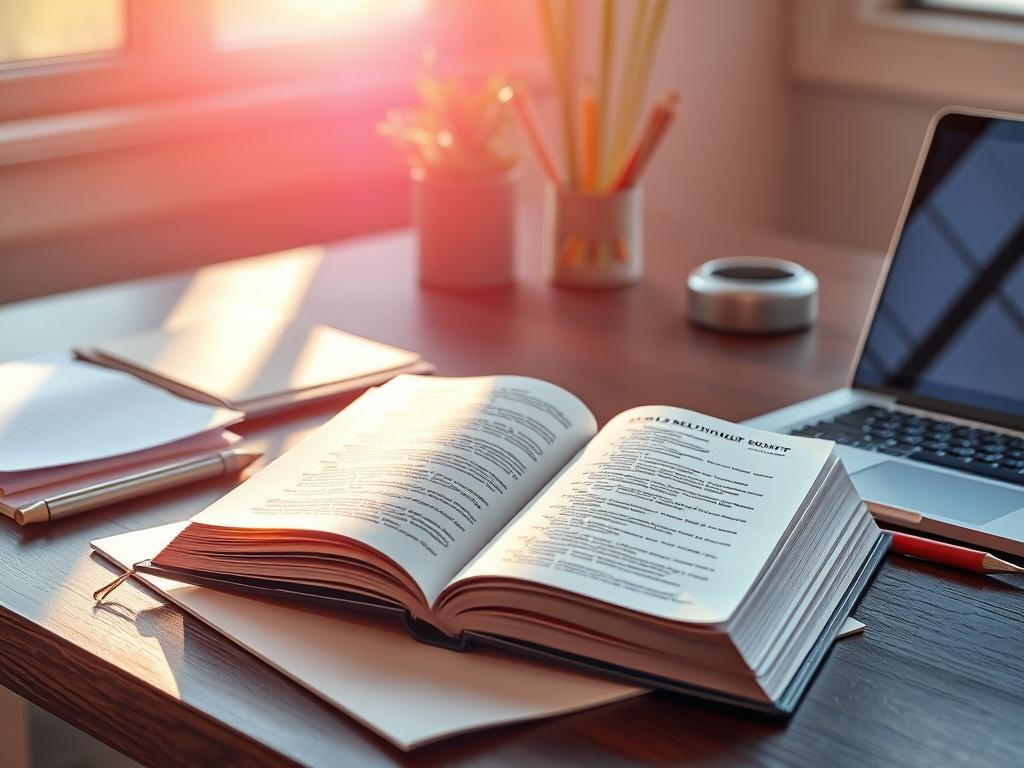 An open self-help book on a desk, with notes and a laptop nearby. The sunlight streams in, creating an atmosphere of productivity and inspiration, symbolizing the journey of empowerment and business success.