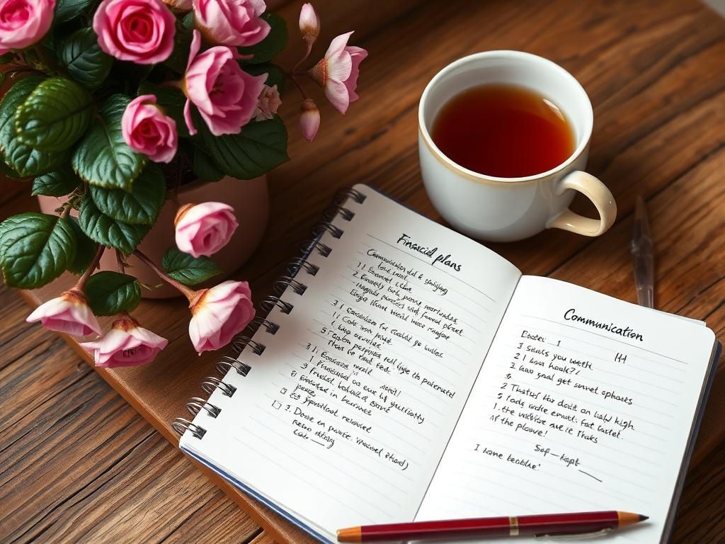 A close-up shot of a notebook with financial plans and notes on communication, surrounded by a cozy cup of tea and a blooming plant. The setting is warm and inviting, symbolizing preparation for a successful marriage.