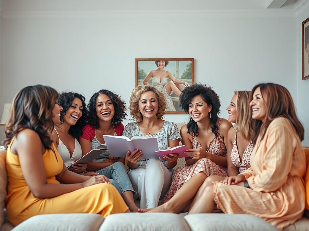 A vibrant image of a diverse group of women gathered together in a cozy setting, sharing stories and laughter. The atmosphere is joyful, filled with smiles, and highlights the importance of community during the wedding preparation journey.