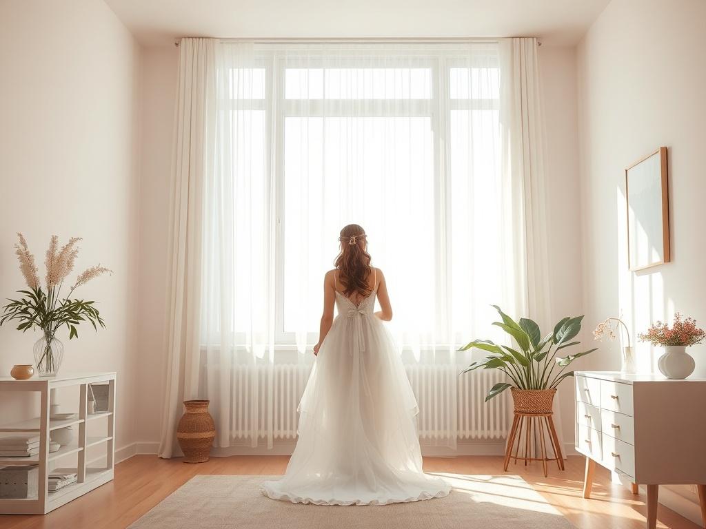 A serene image of a woman standing in a sunlit room, reflecting on her personal goals while holding a wedding dress in her hands. The room has soft pastel colors and minimalistic decor, emphasizing the theme of balance between career and personal life.