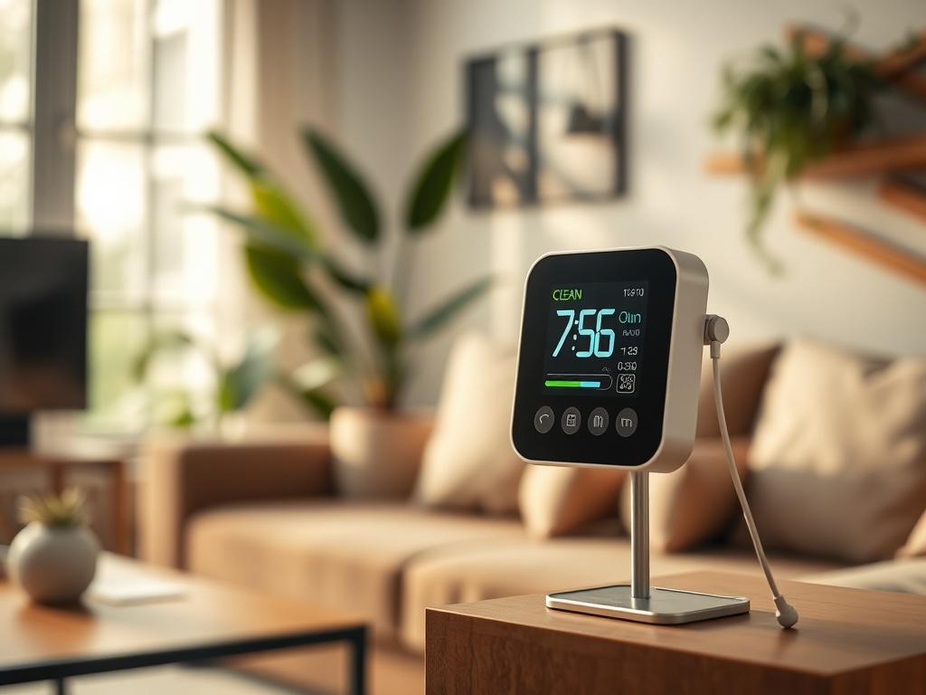 A close-up shot of a modern air quality monitor displaying clean air levels, with a soft-focus background of a cozy living room featuring houseplants. The lighting is warm and inviting, showcasing a comfortable atmosphere, emphasizing cleanliness and freshness. The image should have a hyper-realistic quality, shot with a 45mm f/1.2 lens, highlighting the importance of indoor air quality in a pleasant home environment.