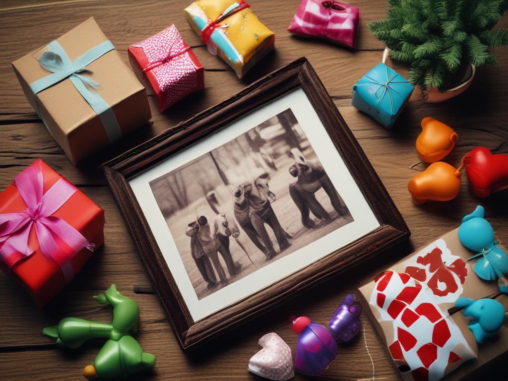 A hyper-realistic close-up photo of a beautifully framed photo placed on a rustic wooden table, surrounded by carefully arranged gift items including customized printed gifts, colorful gift toys, and elegant gift wrapping. The background is softly blurred to emphasize the vibrant green (rgb(50, 170, 39)) accents in the wrapping paper and gift tags. The image is shot with a 45mm f/1.2 lens style to capture intricate details and textures, highlighting the warmth and personal touch of the gifts.