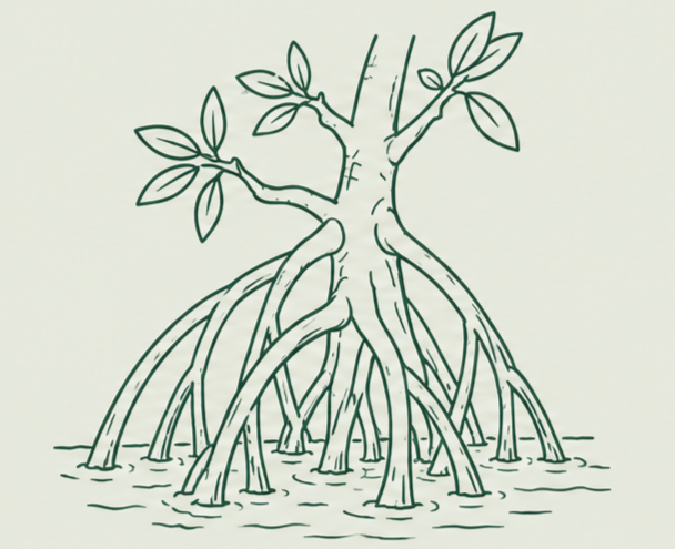 Botanical illustration of mangrove stilt roots