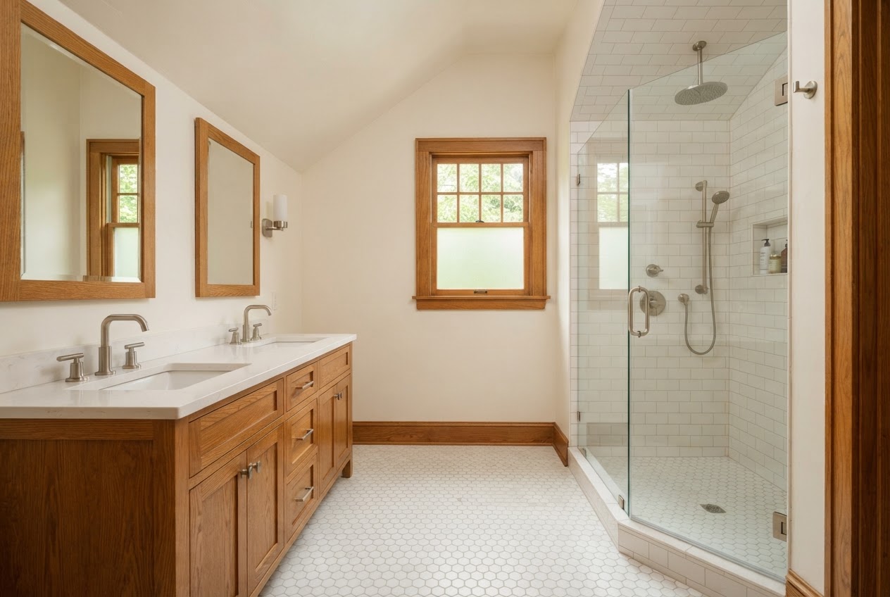 Primary bath with white subway-tile walk-in shower behind a frameless glass panel, freestanding oak double vanity with quartz top and two framed mirrors, and white hexagon mosaic floor