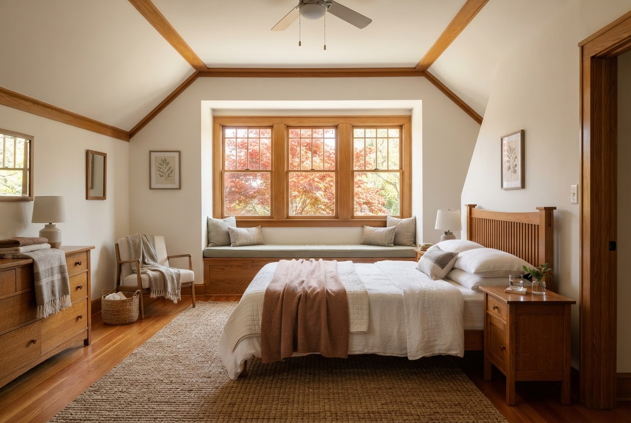 Primary bedroom with sloped ceilings, a shed-dormer window seat with sage cushion, red Japanese maple leaves visible through three windows, and a queen bed with oak headboard and rust throw
