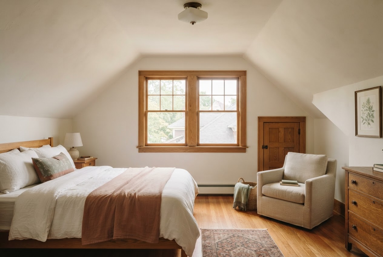 Bedroom 2 under the eaves with one sloped ceiling, twin windows on the gable-end wall, a small oak knee-wall closet door, and a full-size bed with rust throw