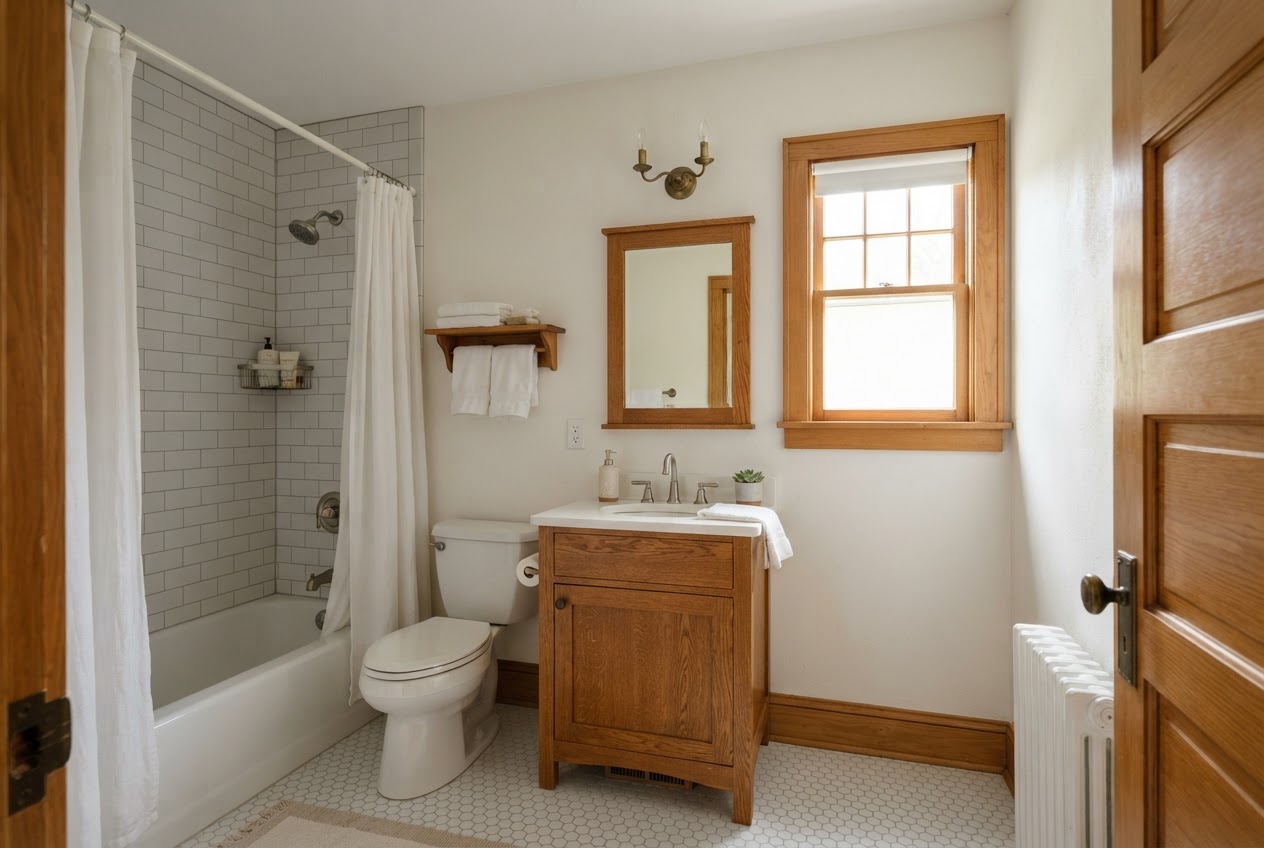 First-floor hall bath with white subway-tile tub-shower, oak vanity with white top, framed mirror, hexagon tile floor and a small double-hung window