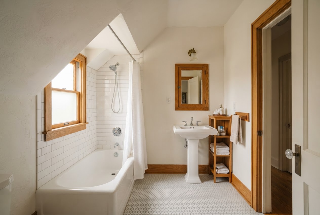 Second-floor hall bath under the eaves with sloped ceiling, white subway-tile tub-shower, pedestal sink, oak-framed mirror and penny-round tile floor